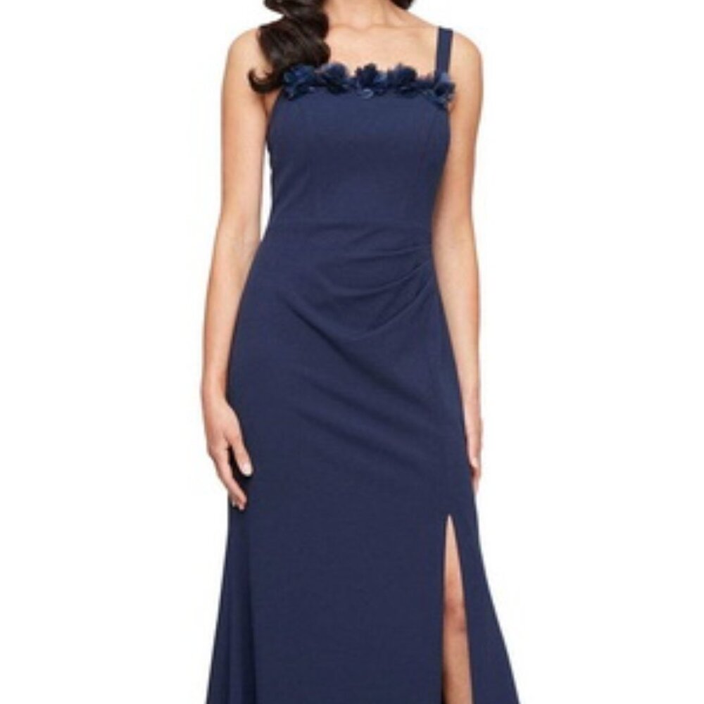 Alex Evenings Navy Blue 3D Floral Square Neck Sheath Gown